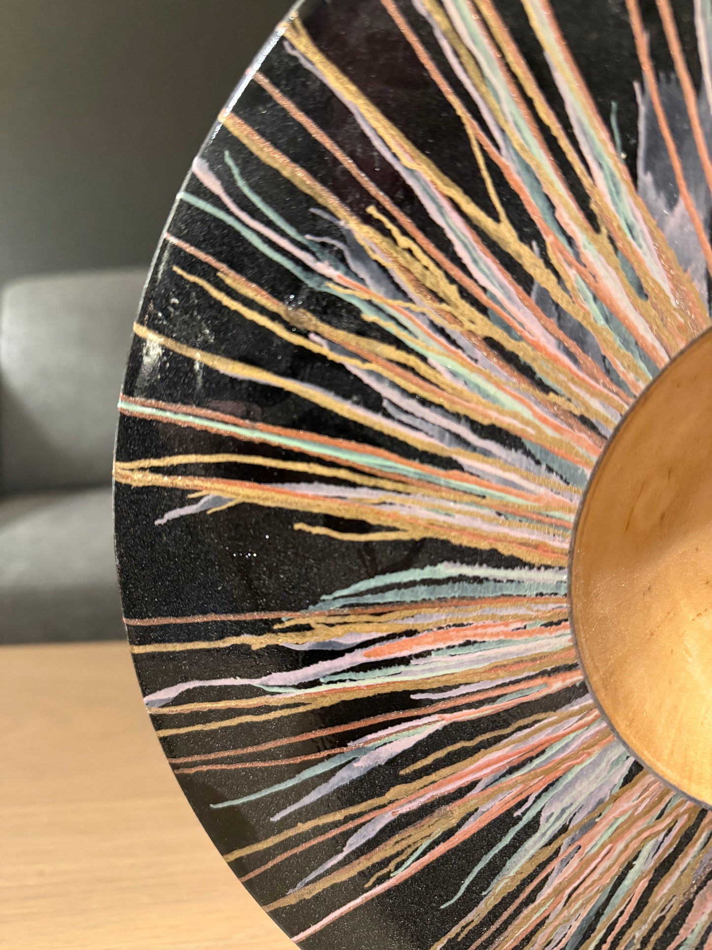 Turned decorative dish in ebony – 32 cm – handmade with colored stripes and glossy finish