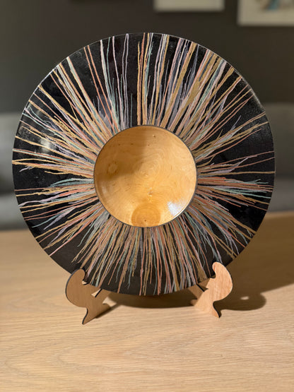 Turned decorative dish in ebony – 32 cm – handmade with colored stripes and glossy finish