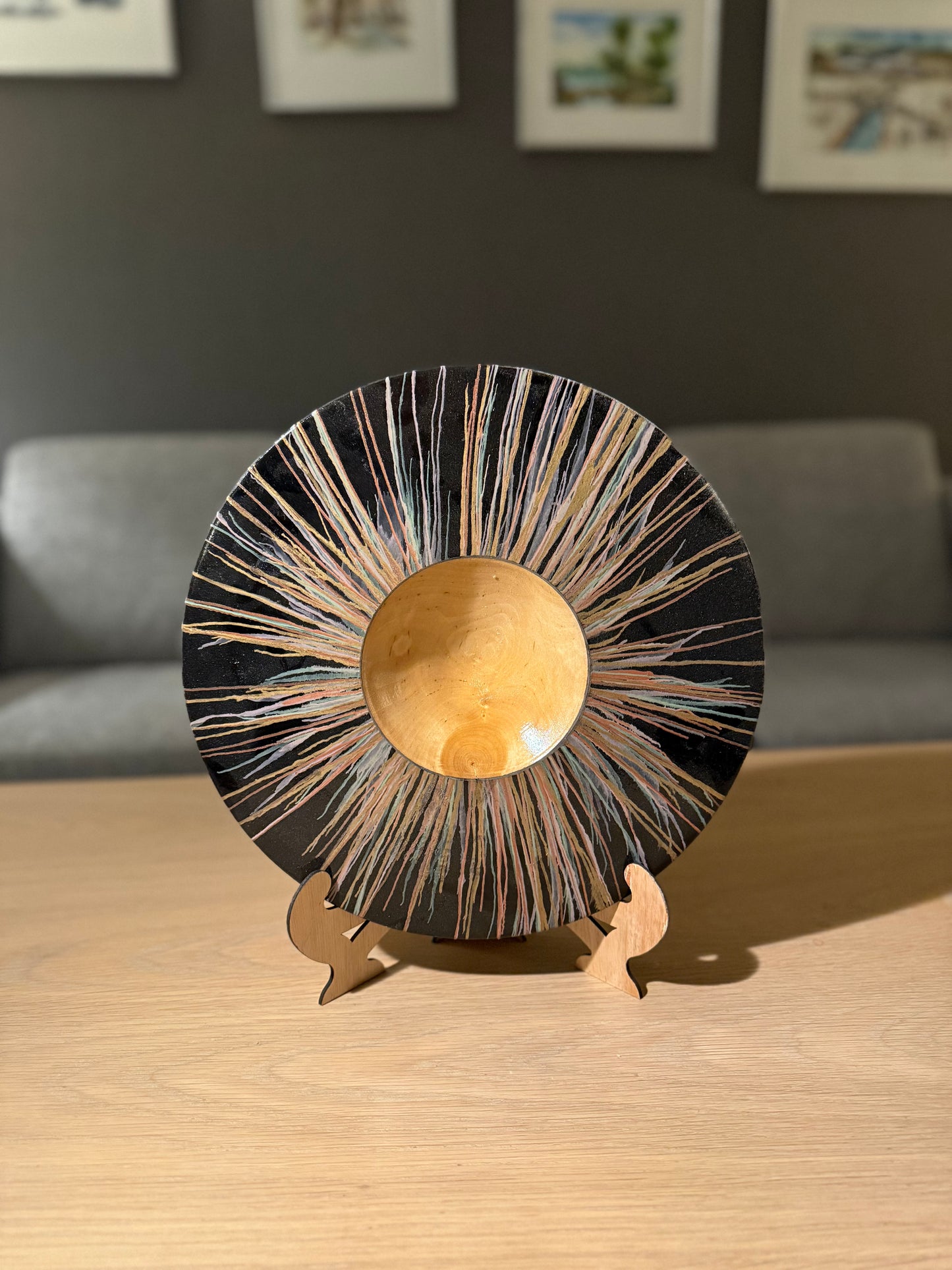 Turned decorative dish in ebony – 32 cm – handmade with colored stripes and glossy finish