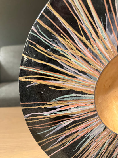Turned decorative dish in ebony – 32 cm – handmade with colored stripes and glossy finish