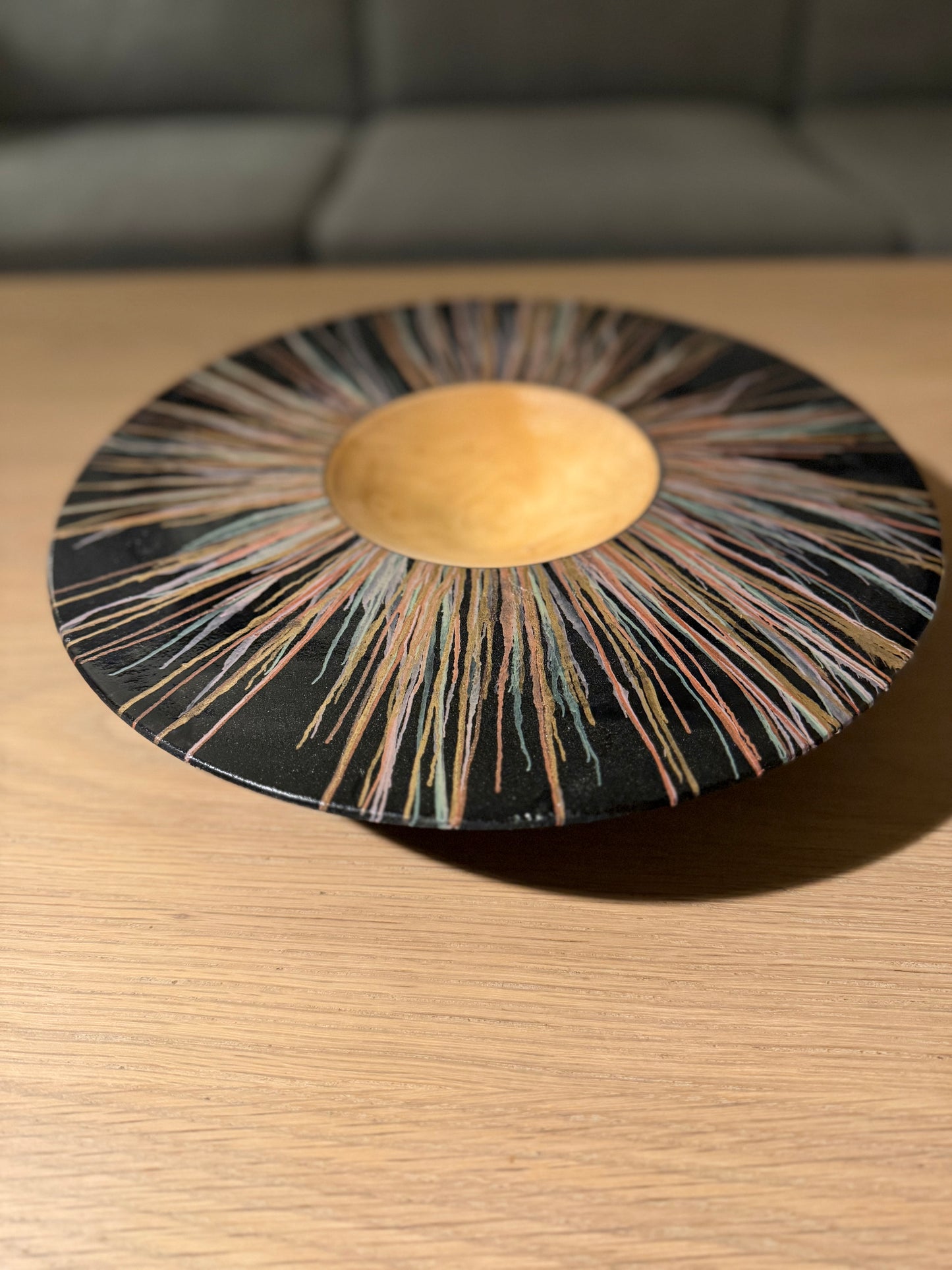 Turned decorative dish in ebony – 32 cm – handmade with colored stripes and glossy finish