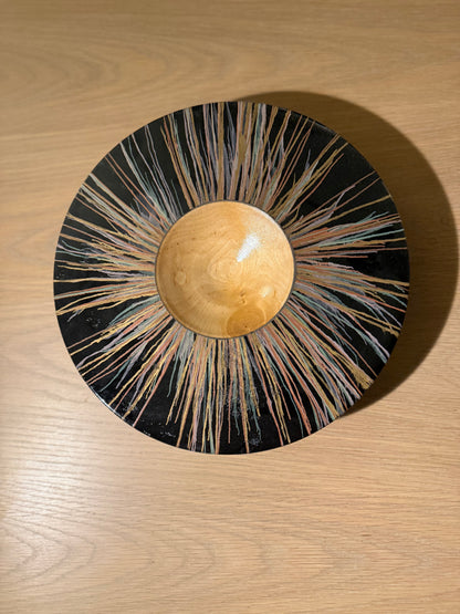 Turned decorative dish in ebony – 32 cm – handmade with colored stripes and glossy finish